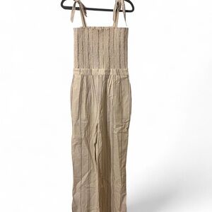 Shabby Chic Beige Smocked-Strap Wide Leg Jumpsuit Artsy Boho